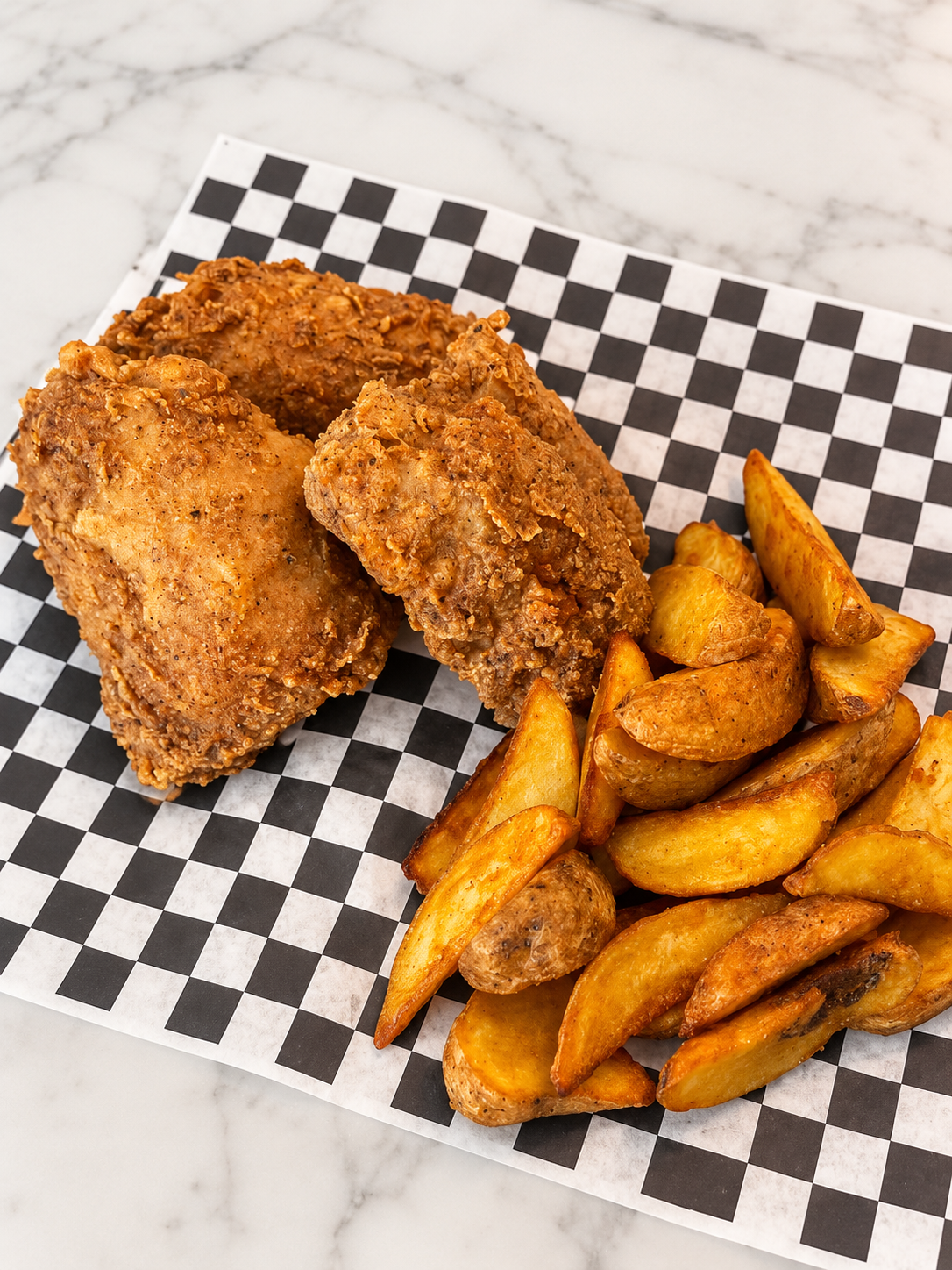 Breaded chicken portions with golden potato wedges