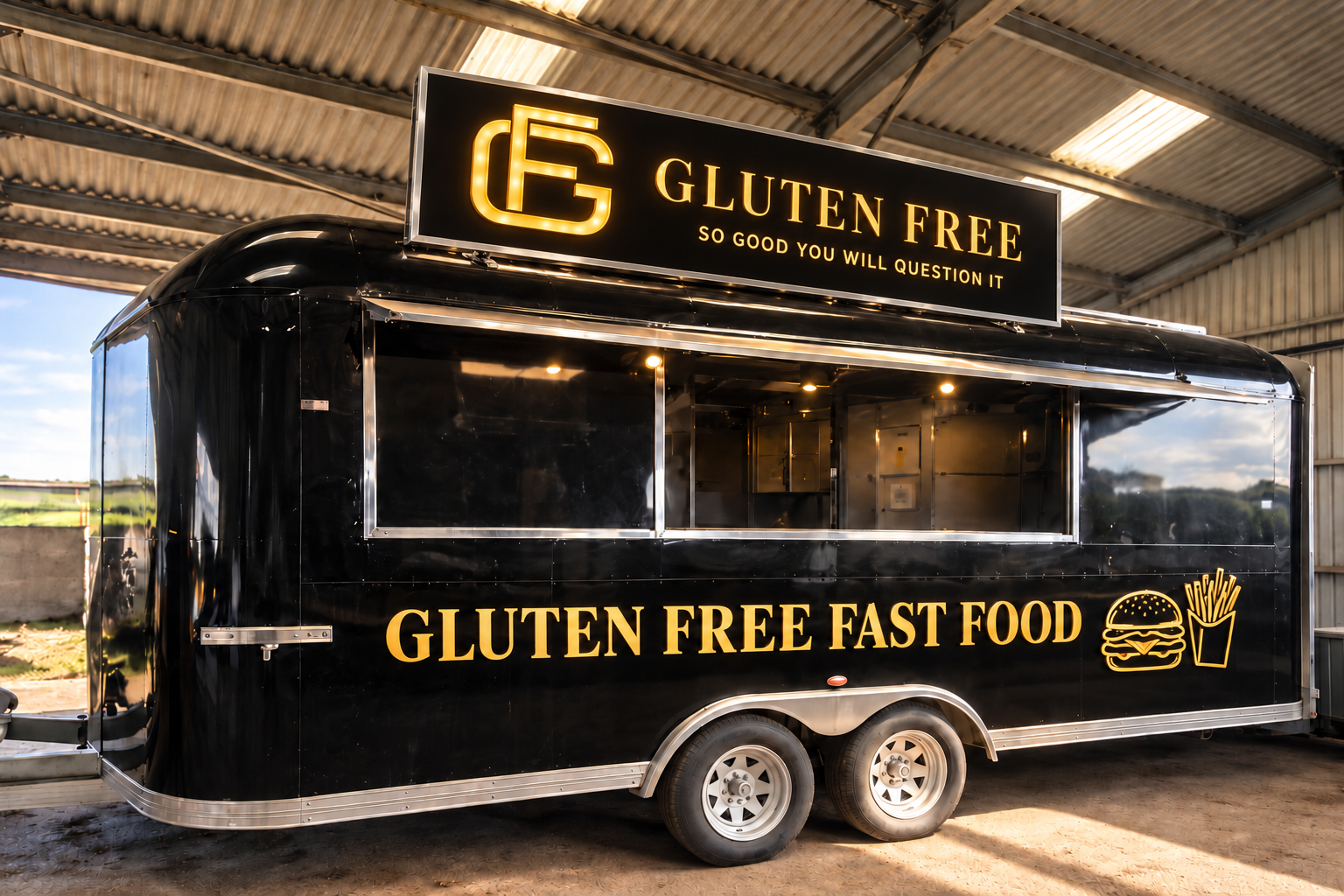 Our black food trailer with its illuminated Gluten Free logo
